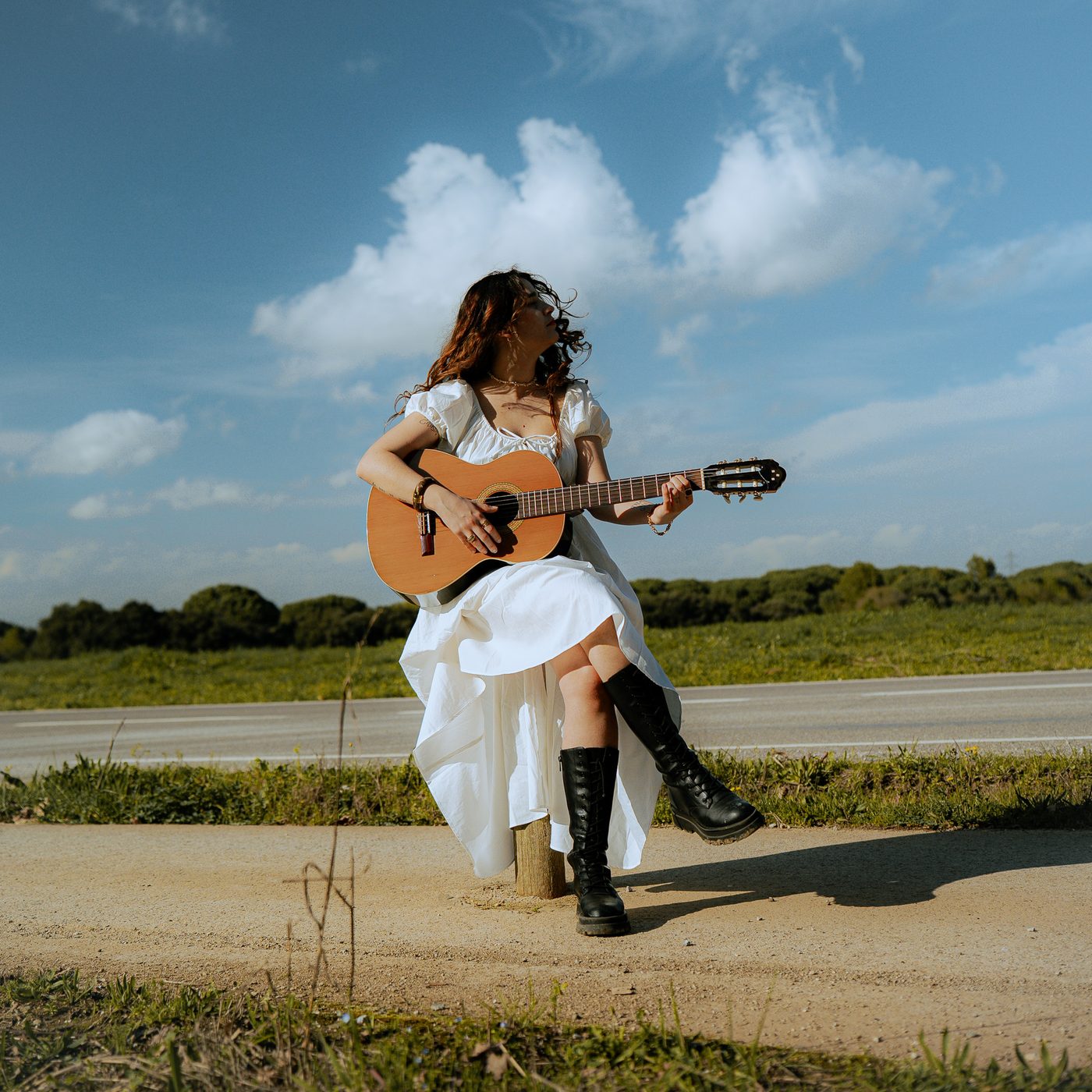 Fotografía artística — cantante con guitarra al aire libre